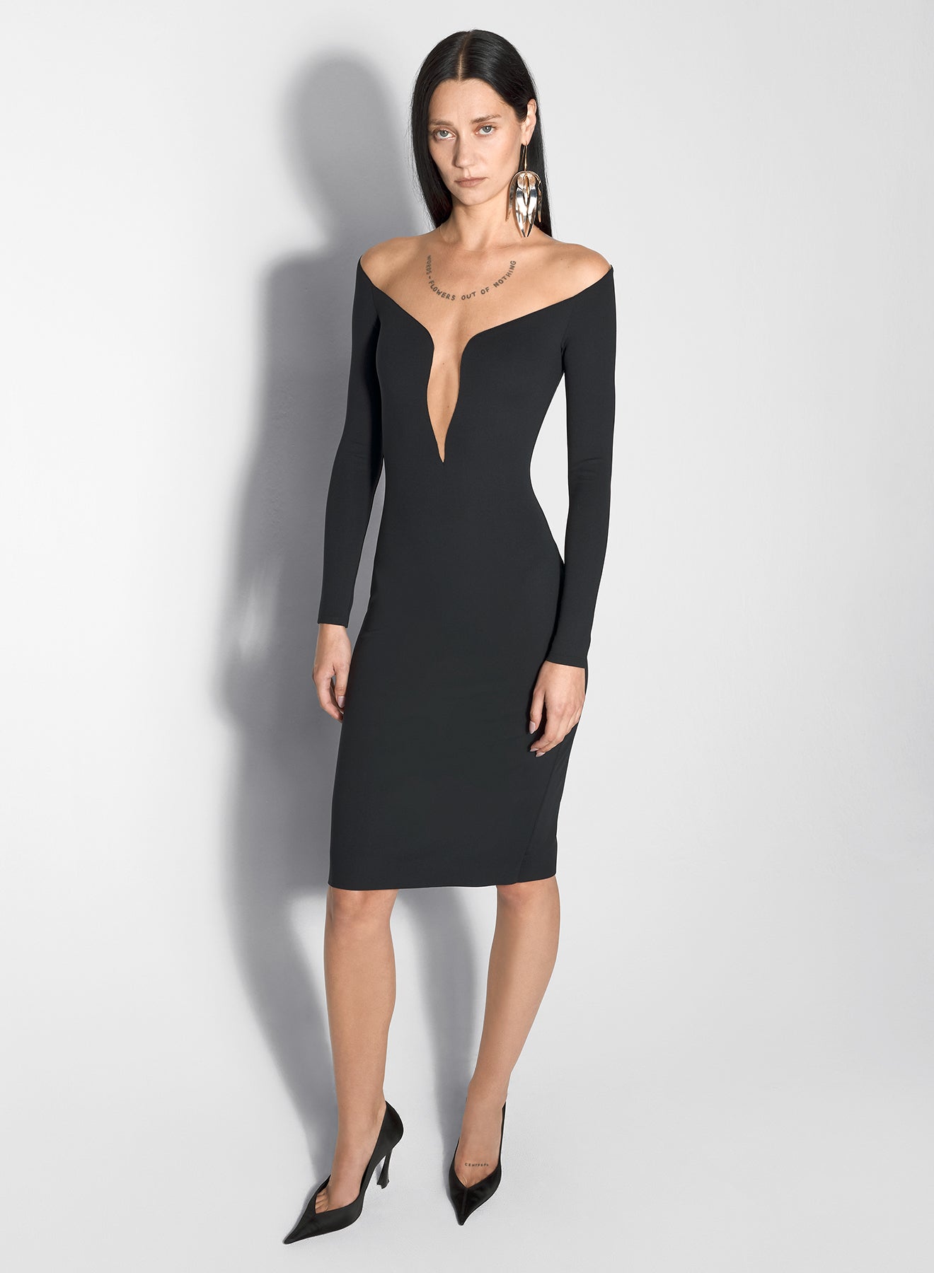 black illusion neckline midi dress