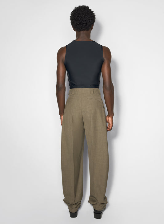 khaki pleated wide leg trousers