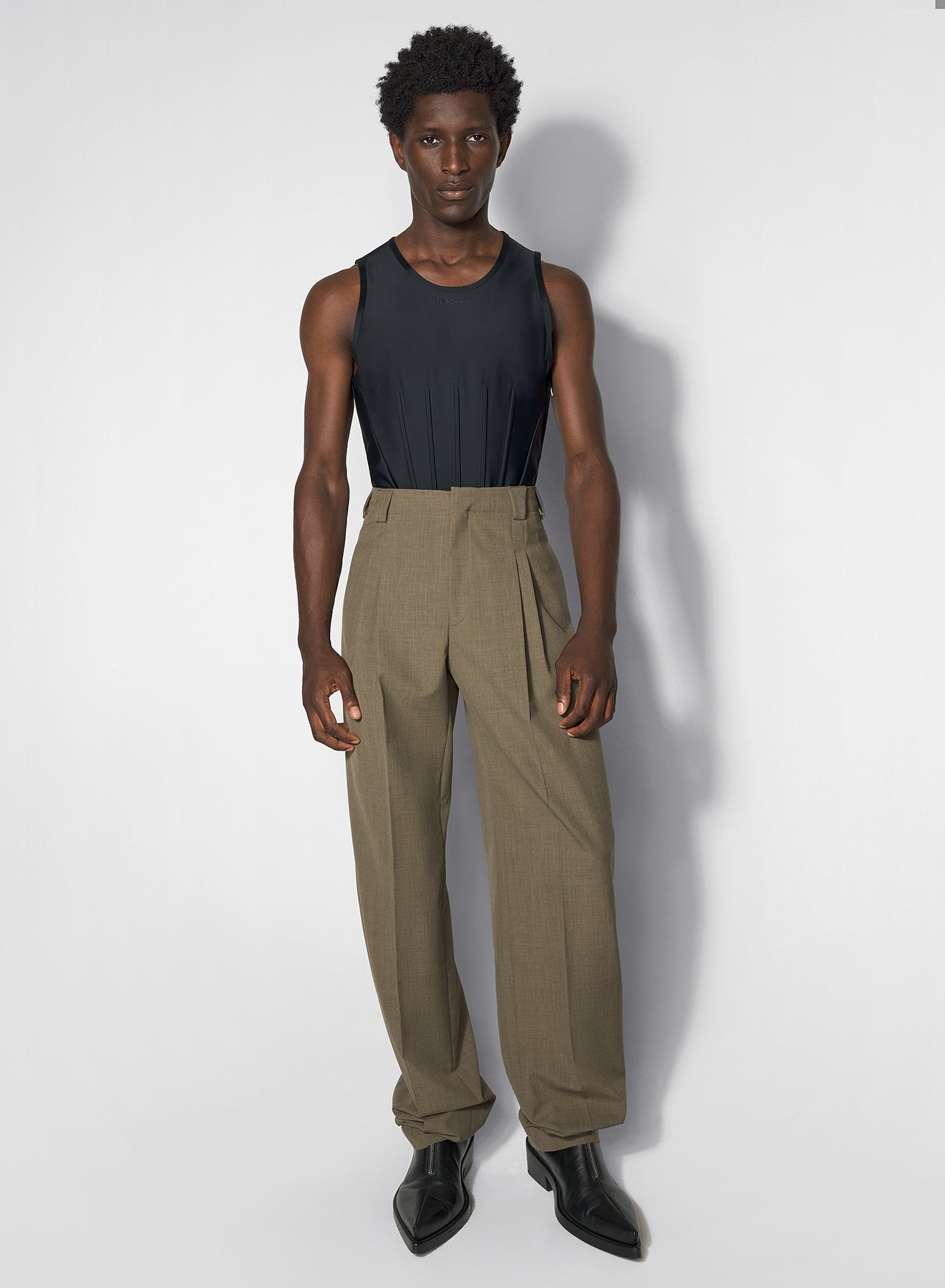 khaki pleated wide-leg trousers