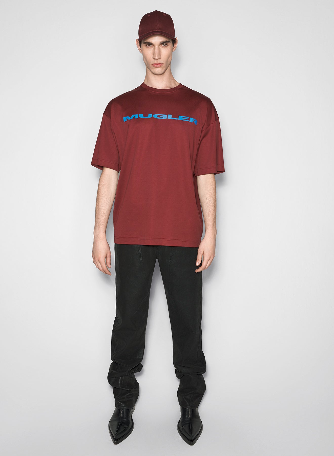 burgundy mugler logo t-shirt