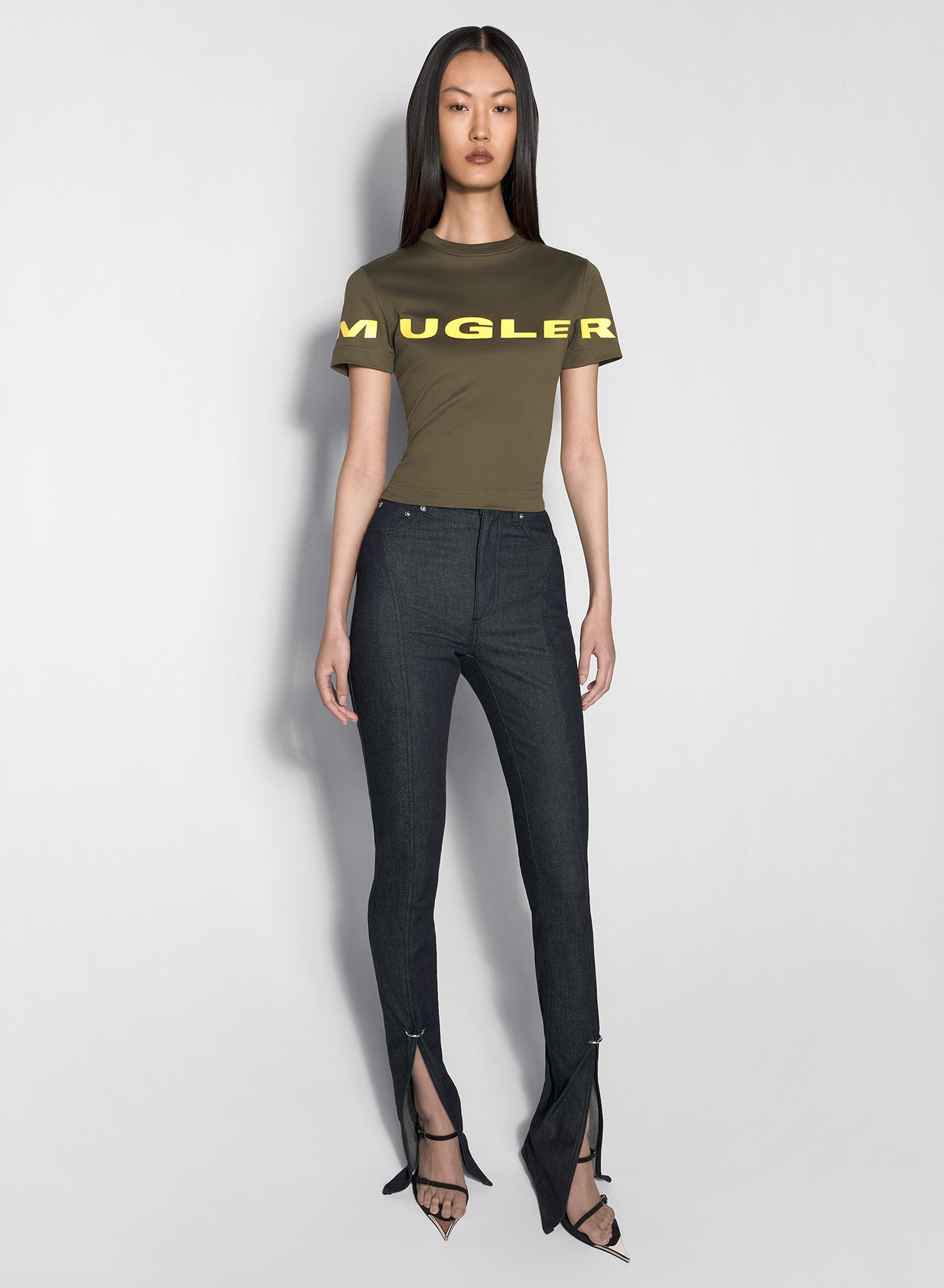 khaki mugler logo t-shirt