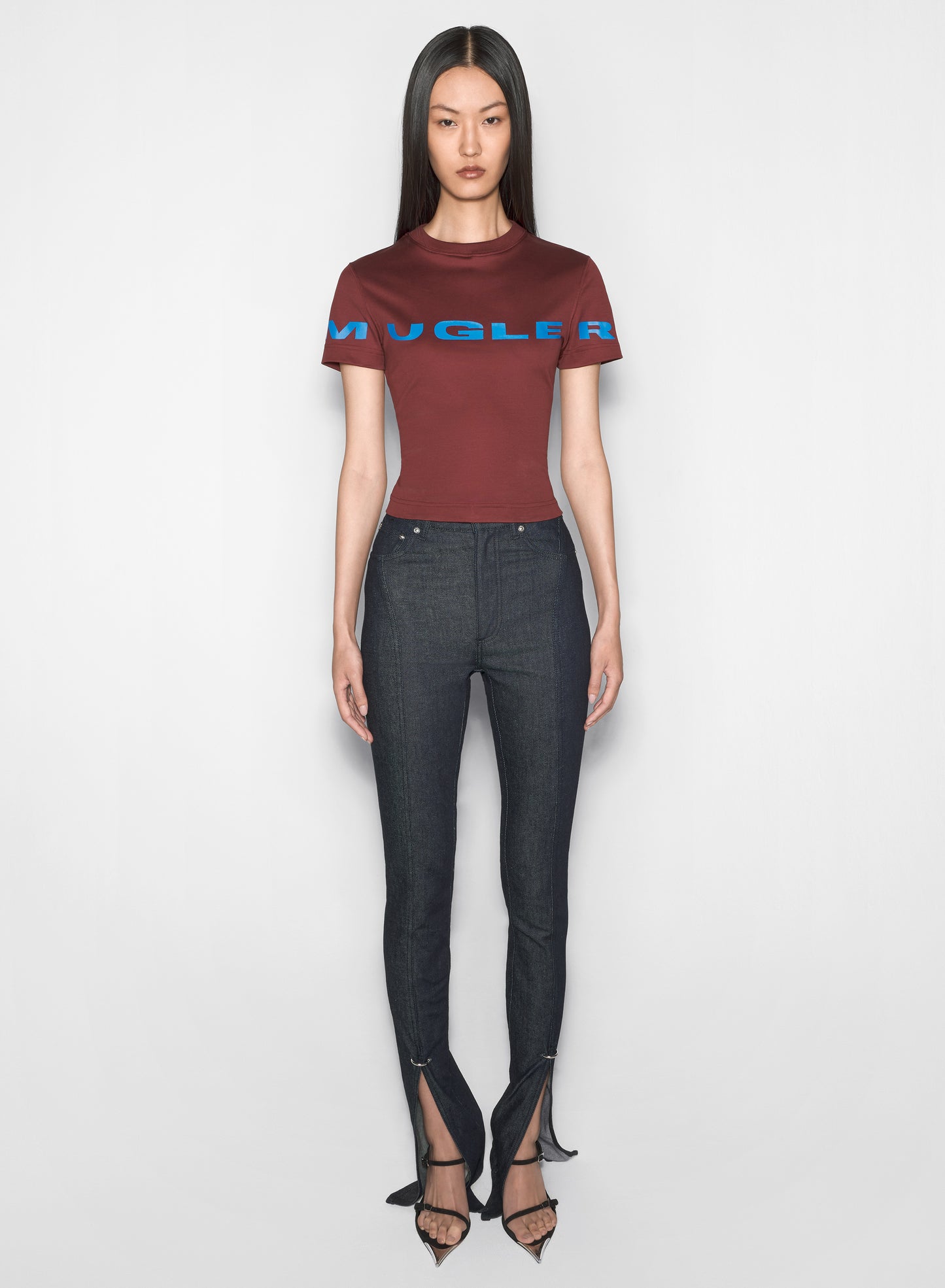 burgundy mugler logo t-shirt