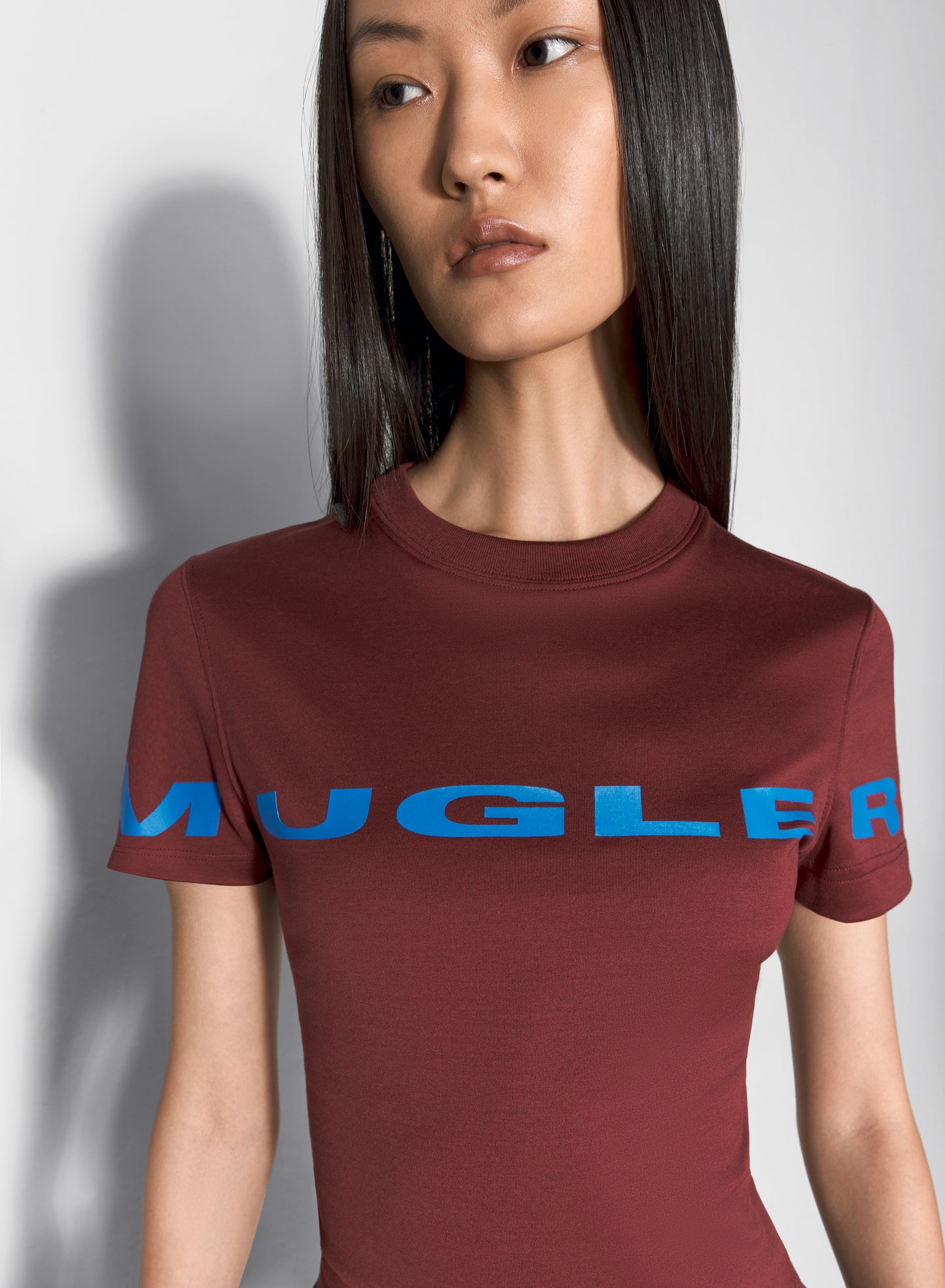 burgundy mugler logo t-shirt