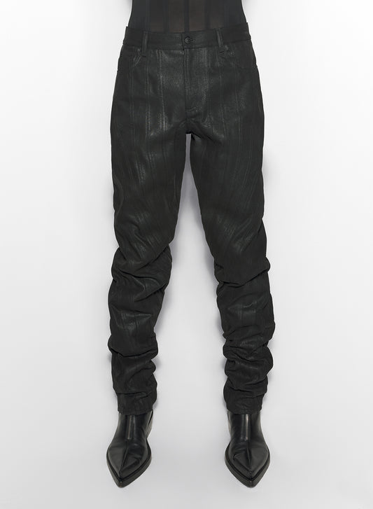 waxed black spiral baggy jeans