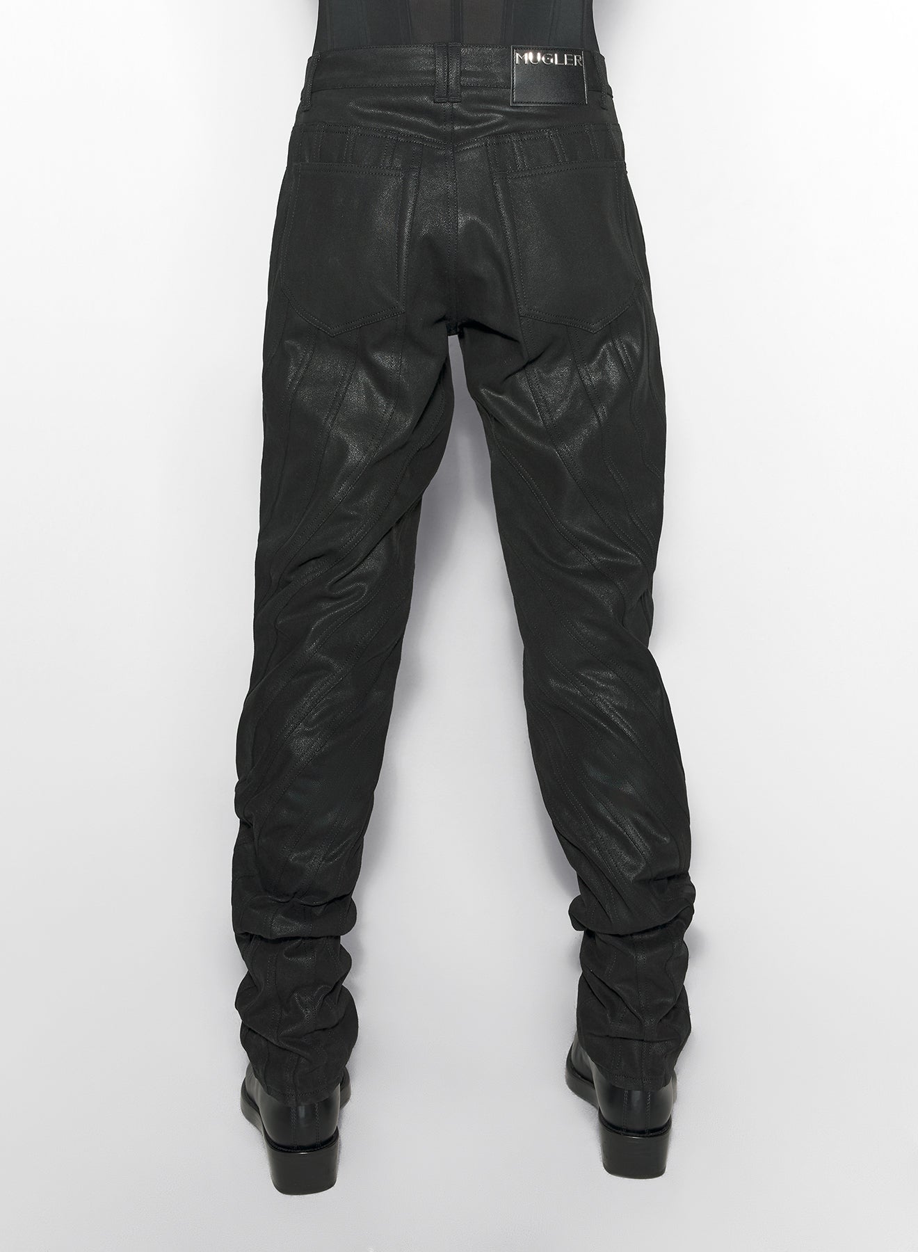 waxed black spiral baggy jeans