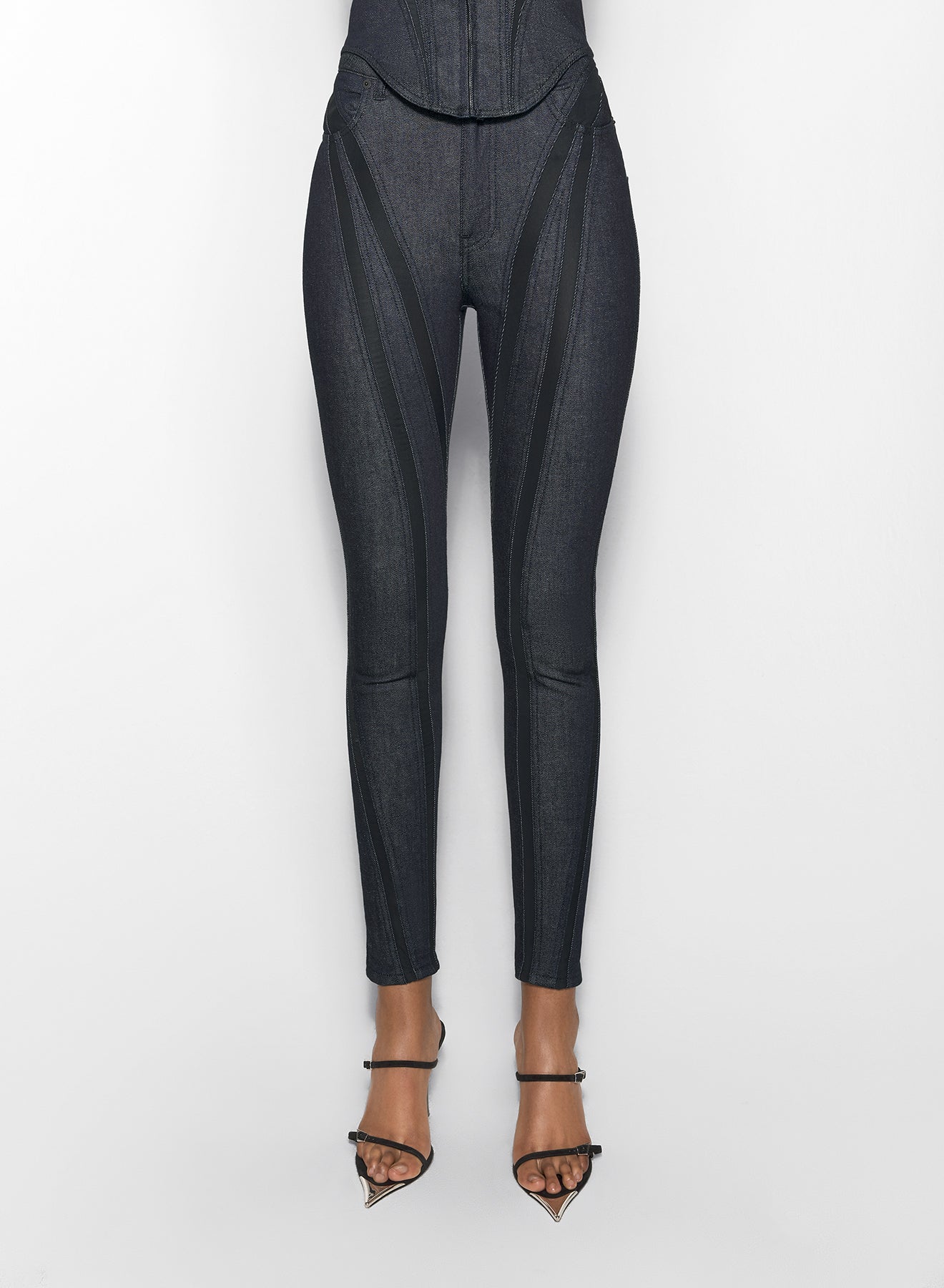 black mesh raw denim skinny jeans