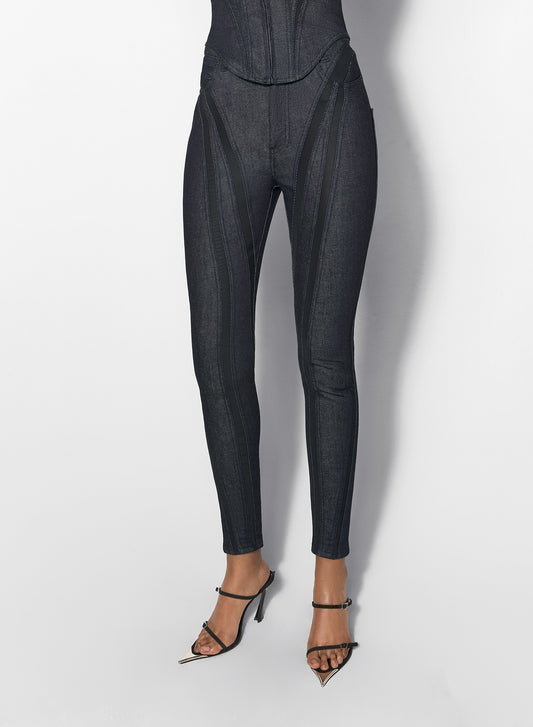 black mesh raw denim skinny jeans