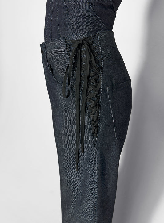 raw blue laced-up straight leg jeans