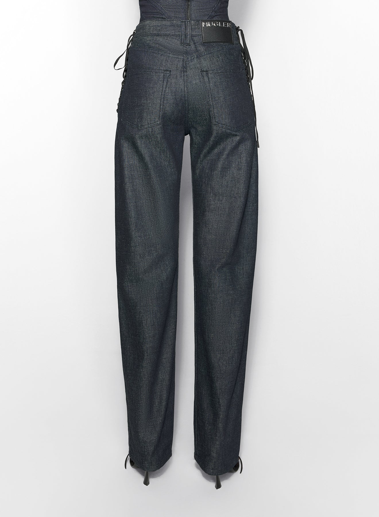 raw blue laced-up straight leg jeans