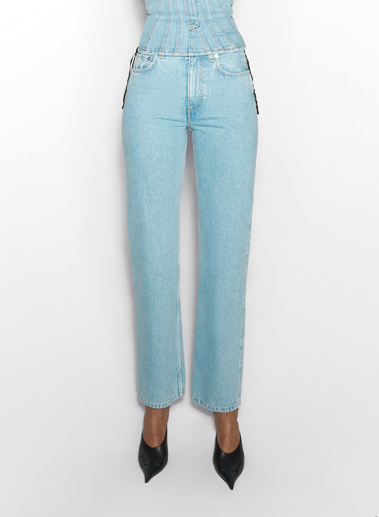 blue laced-up straight leg jeans