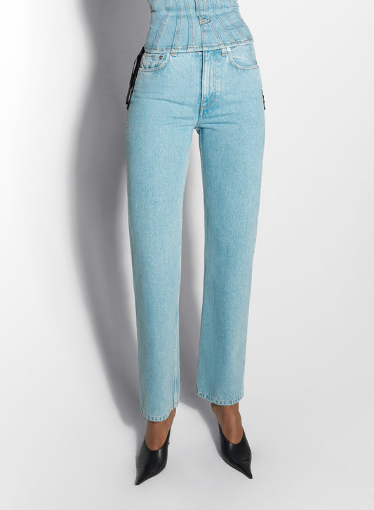 blue laced-up straight leg jeans