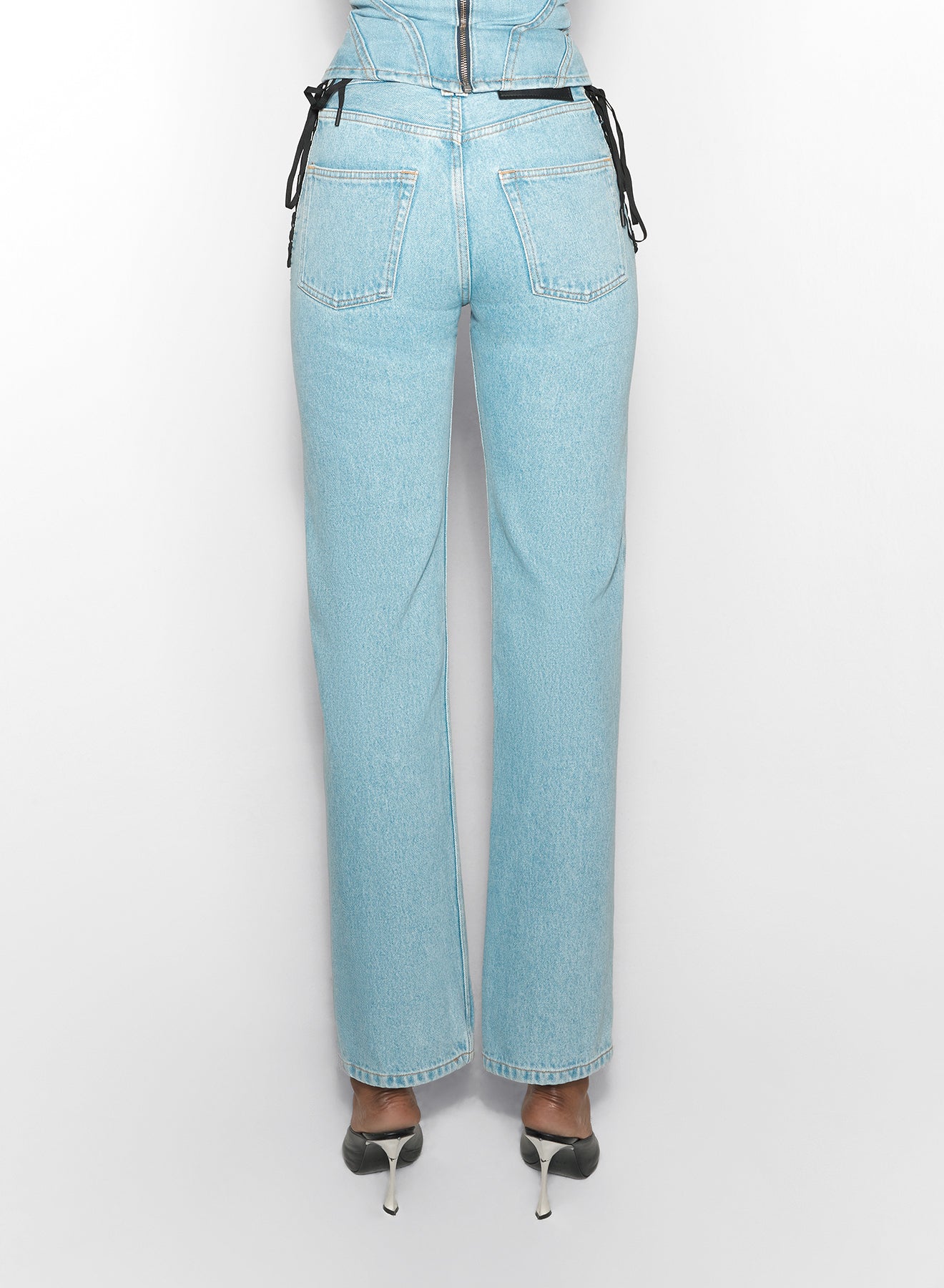 blue laced-up straight leg jeans