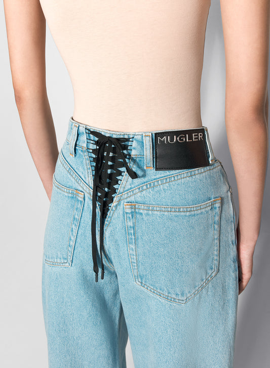 blue laced-up wide leg jeans