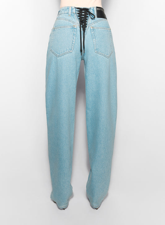 blue laced-up wide-leg jeans