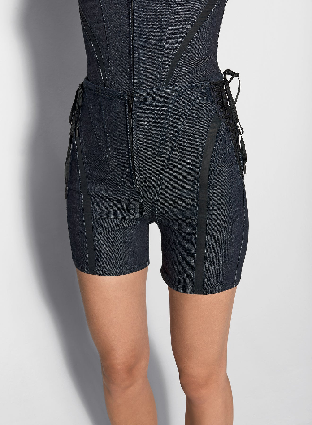 black mesh laced-up raw denim shorts