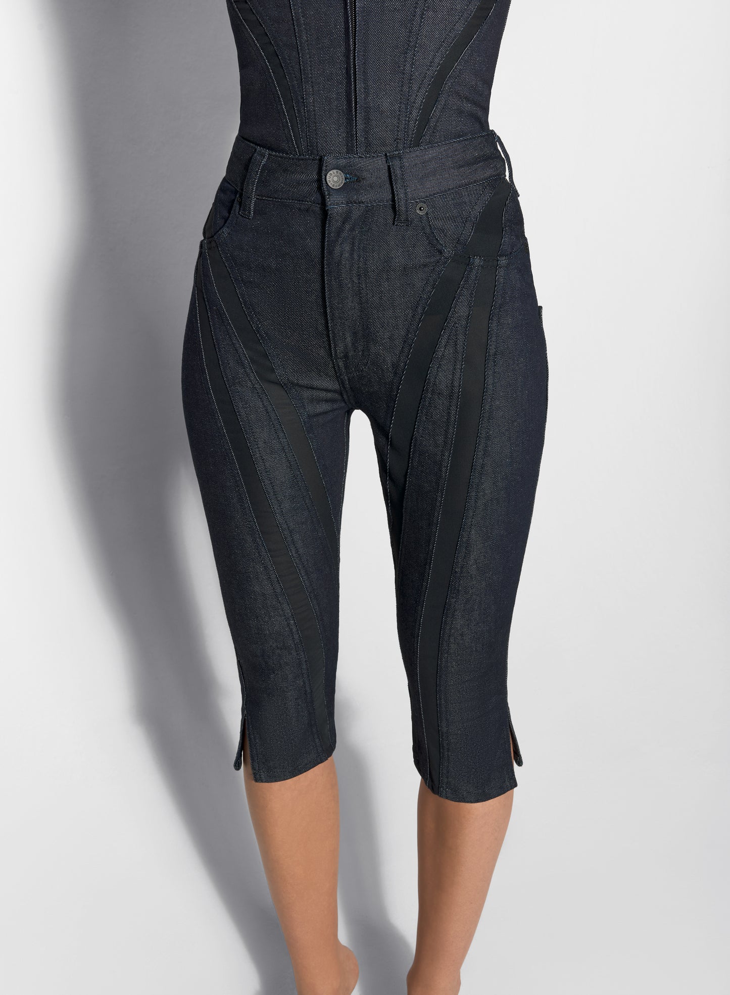 black mesh raw denim capri jeans