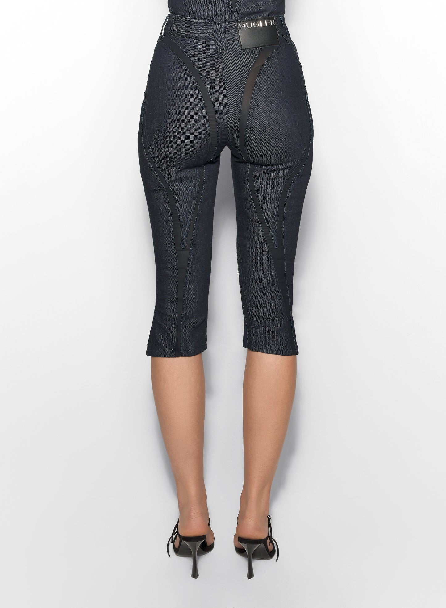 black mesh raw denim capri jeans