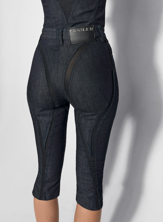 black mesh raw denim capri jeans