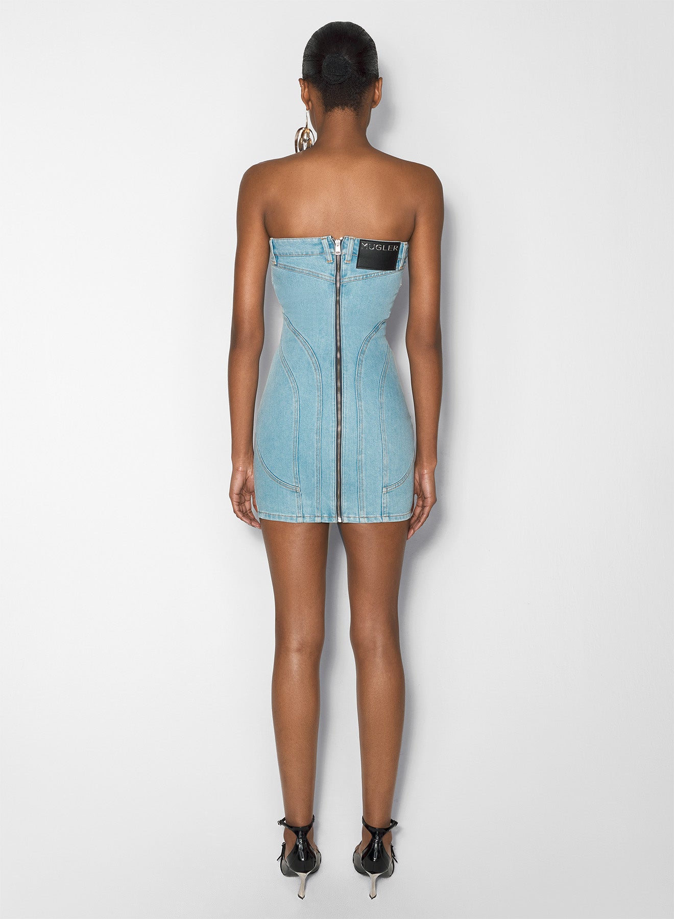 light blue spiral denim bustier dress