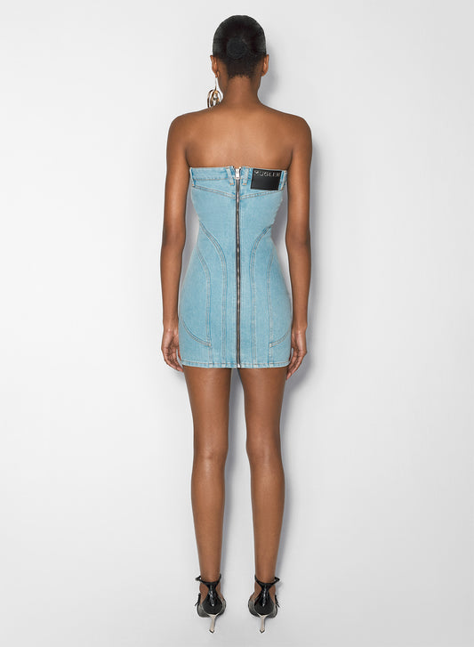 light blue spiral denim bustier dress