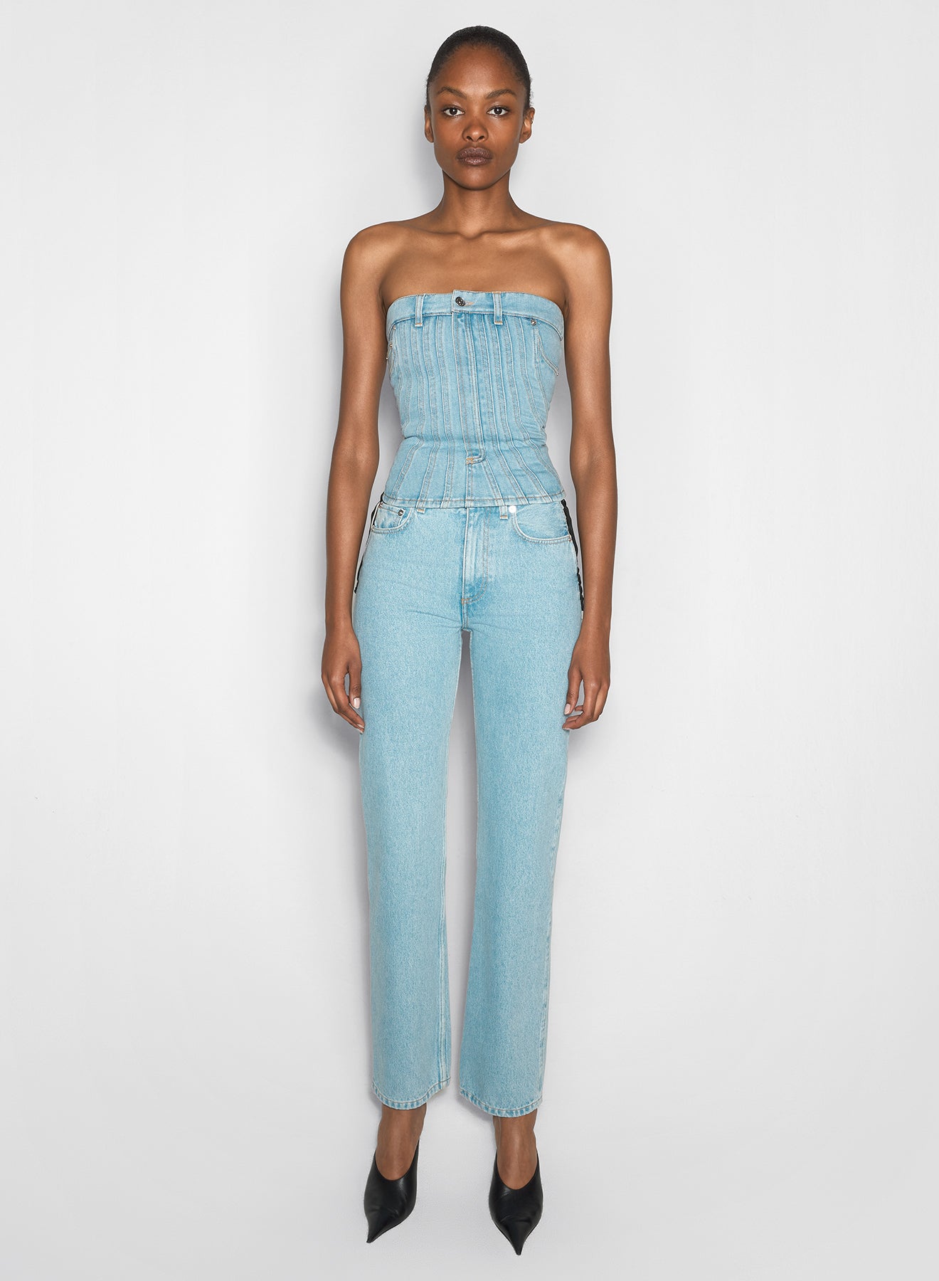 blue laced-up straight leg jeans