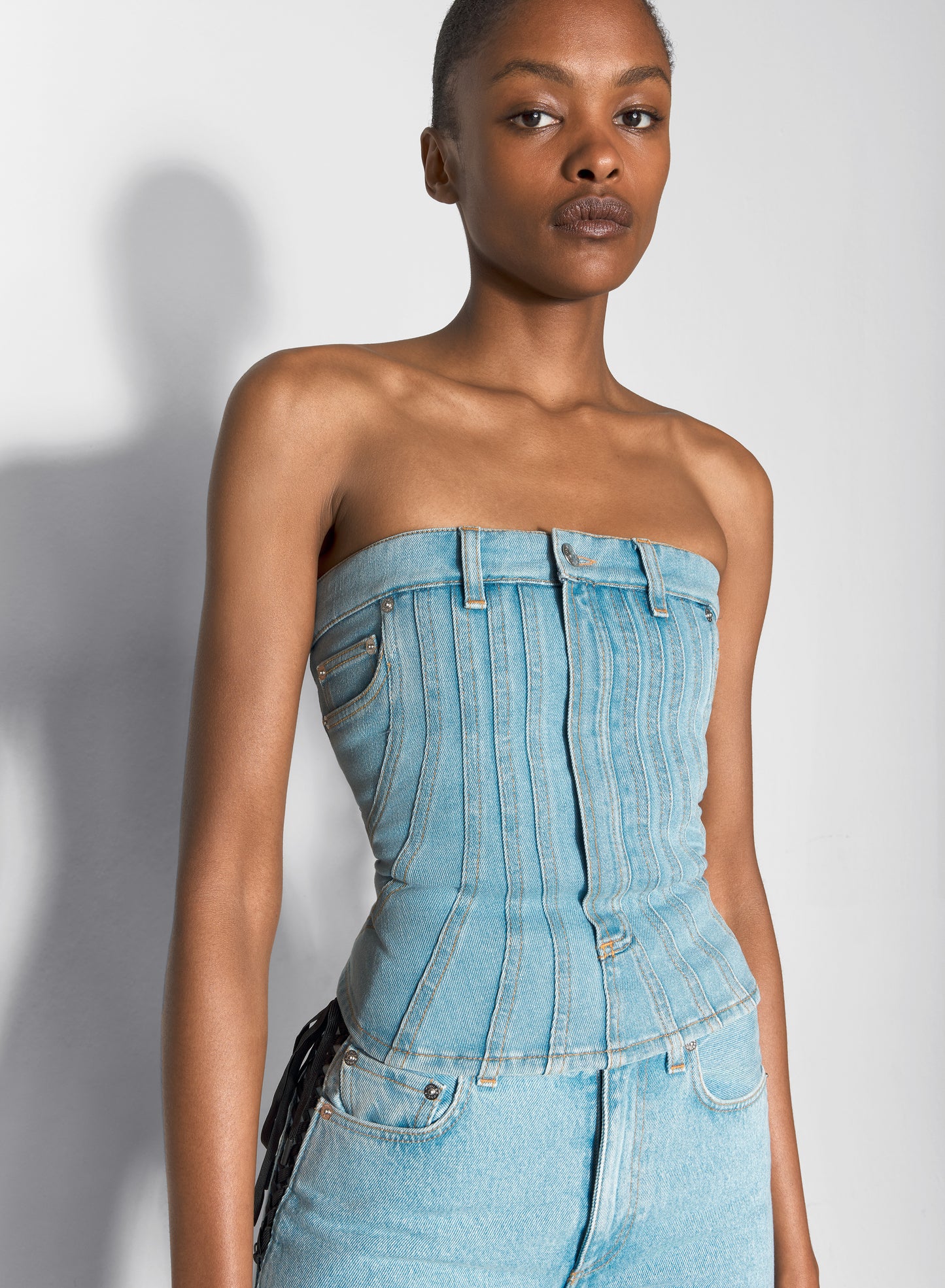 light blue denim bustier