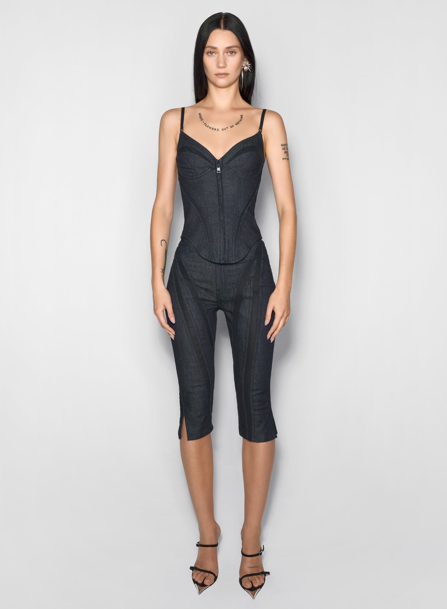 black mesh corseted raw denim top