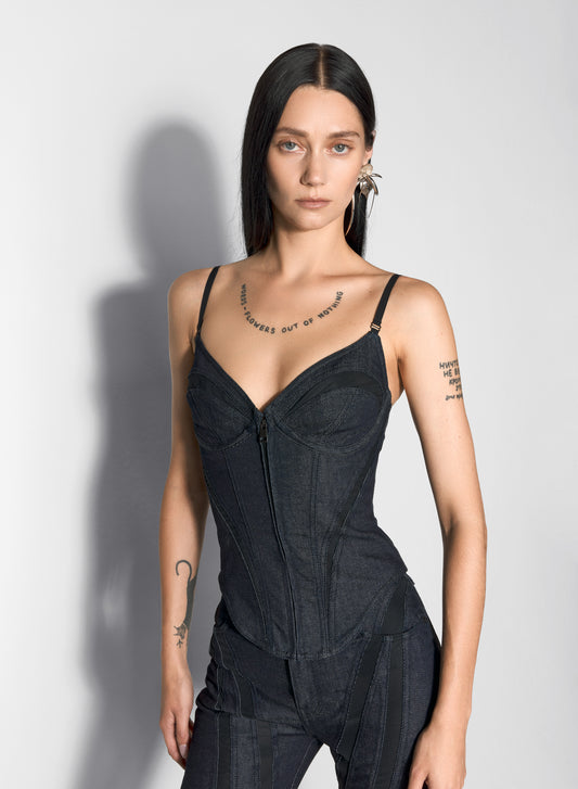 black mesh corseted raw denim top