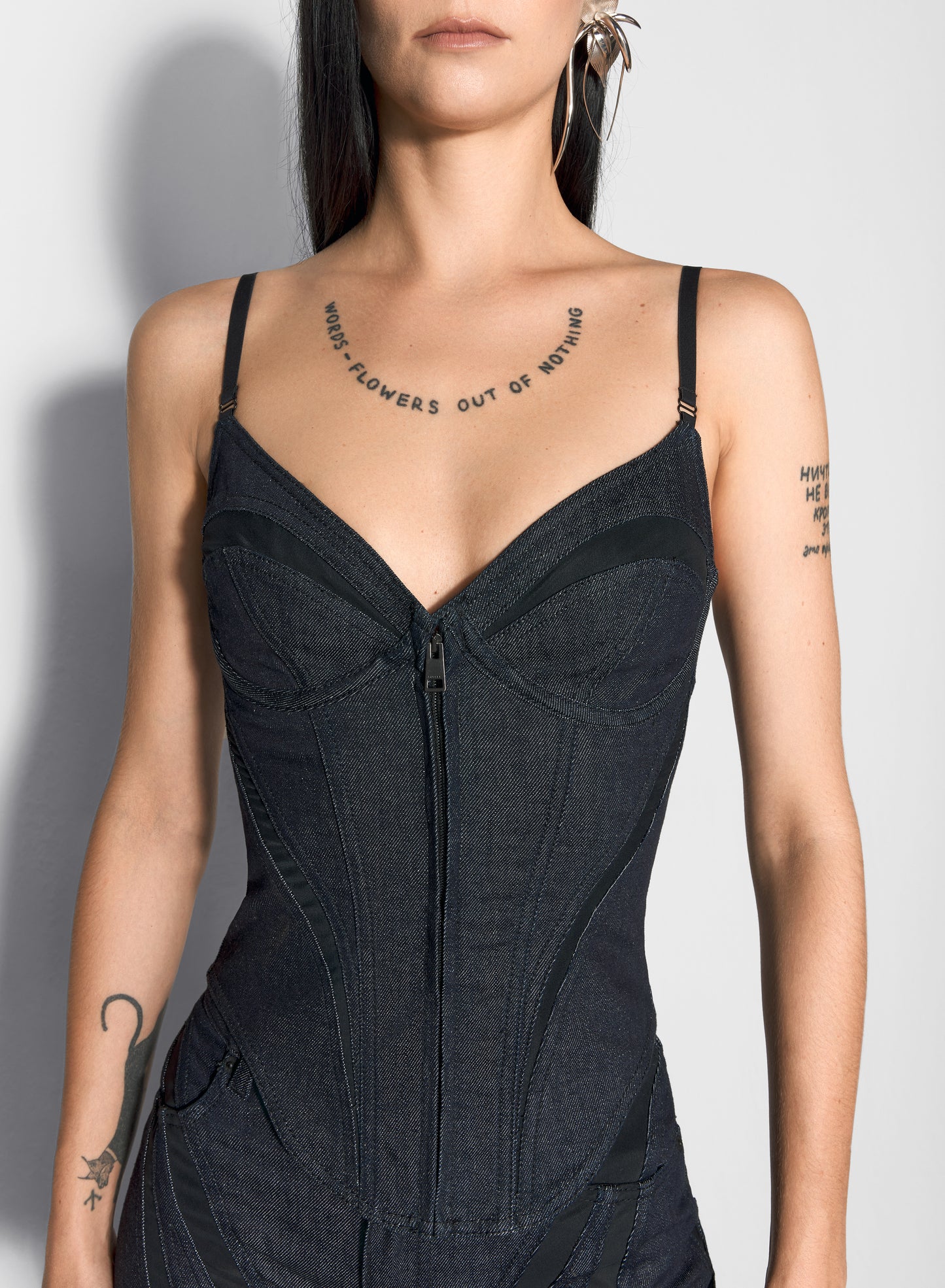 black mesh corseted raw denim top