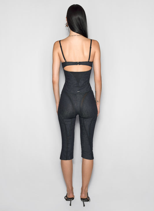 black mesh corseted raw denim top