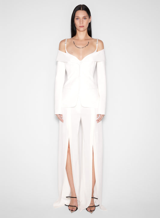 white sculptural off-shoulder jacket