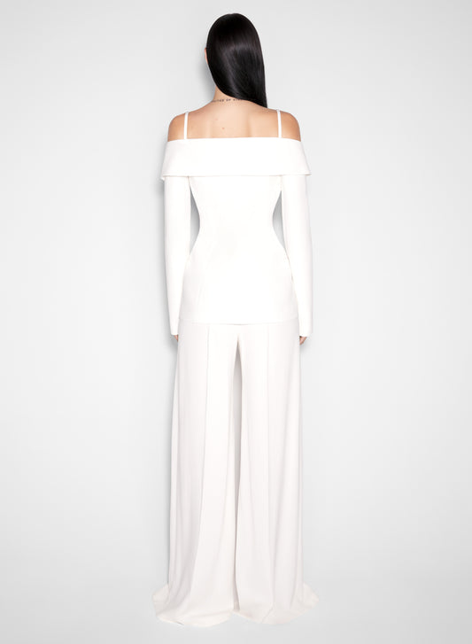 white sculptural off-shoulder jacket