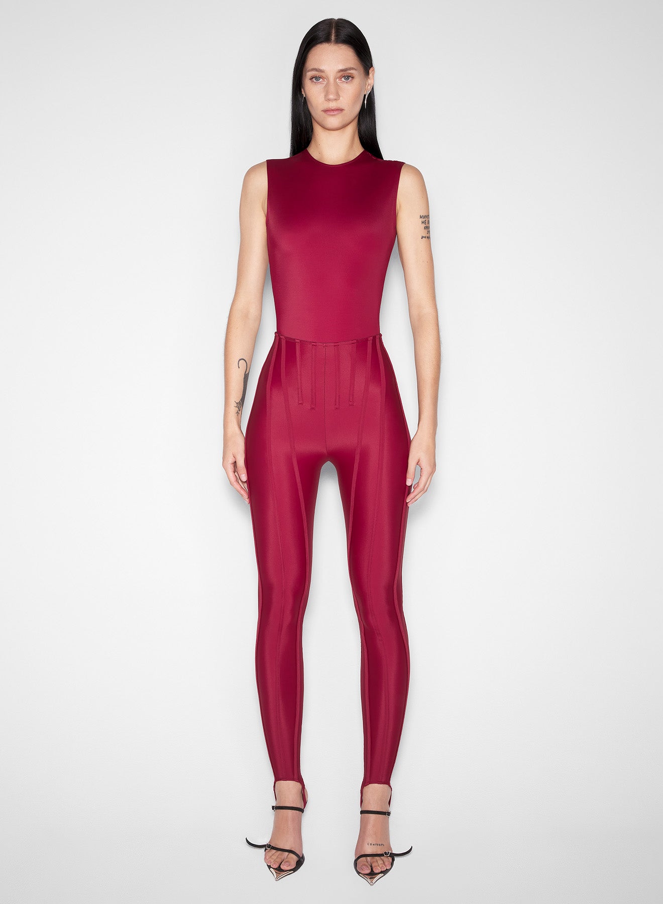 red sleeveless shoulder mugler logo bodysuit