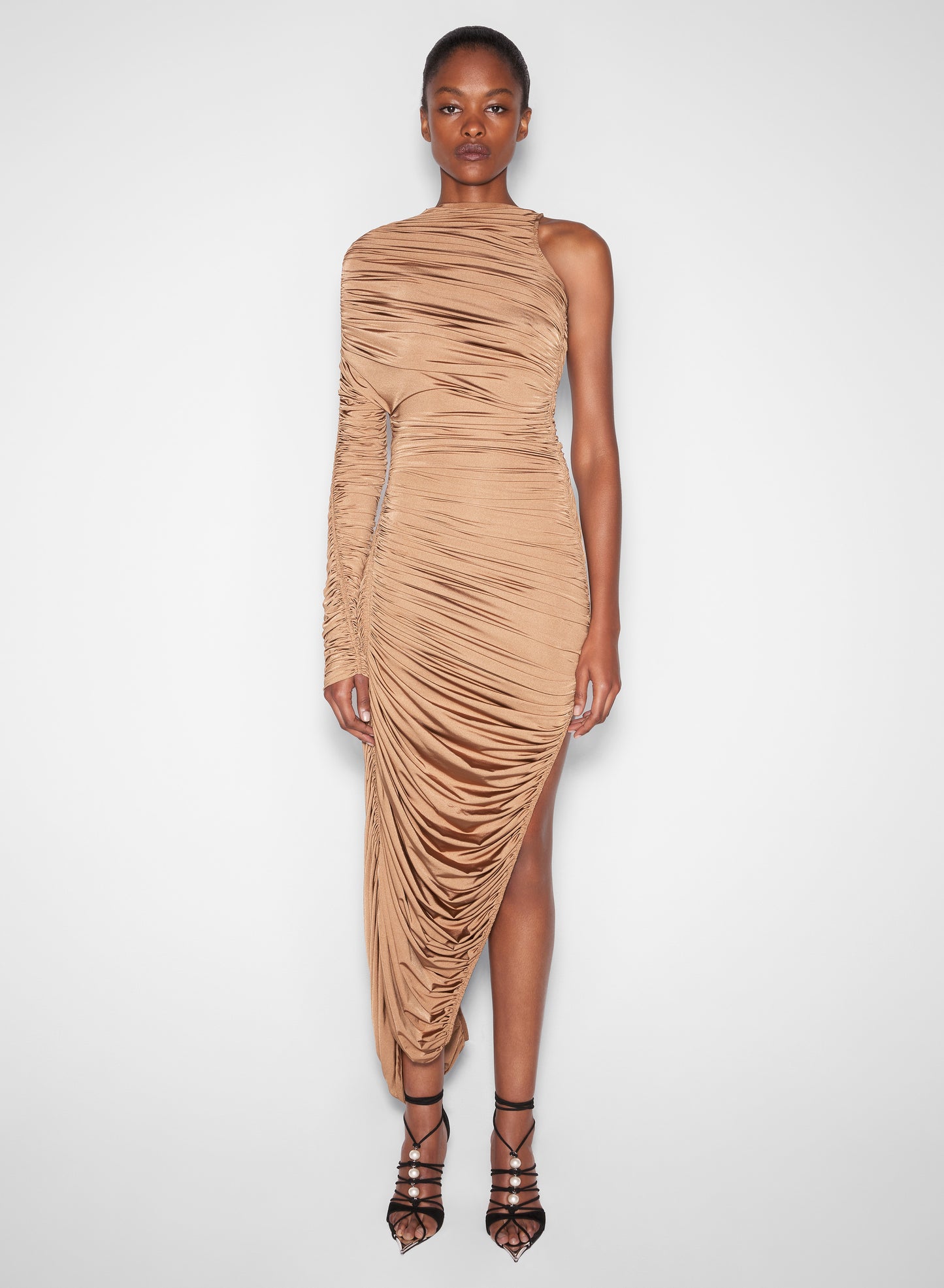 beige asymmetrical pierced ruched dress