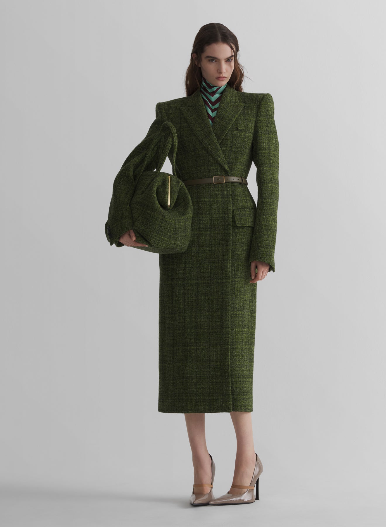 green tweed hourglass coat