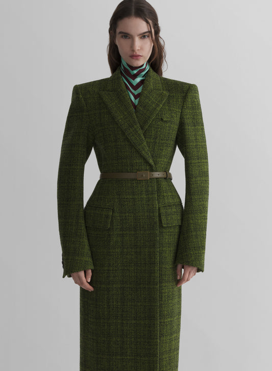green tweed hourglass coat