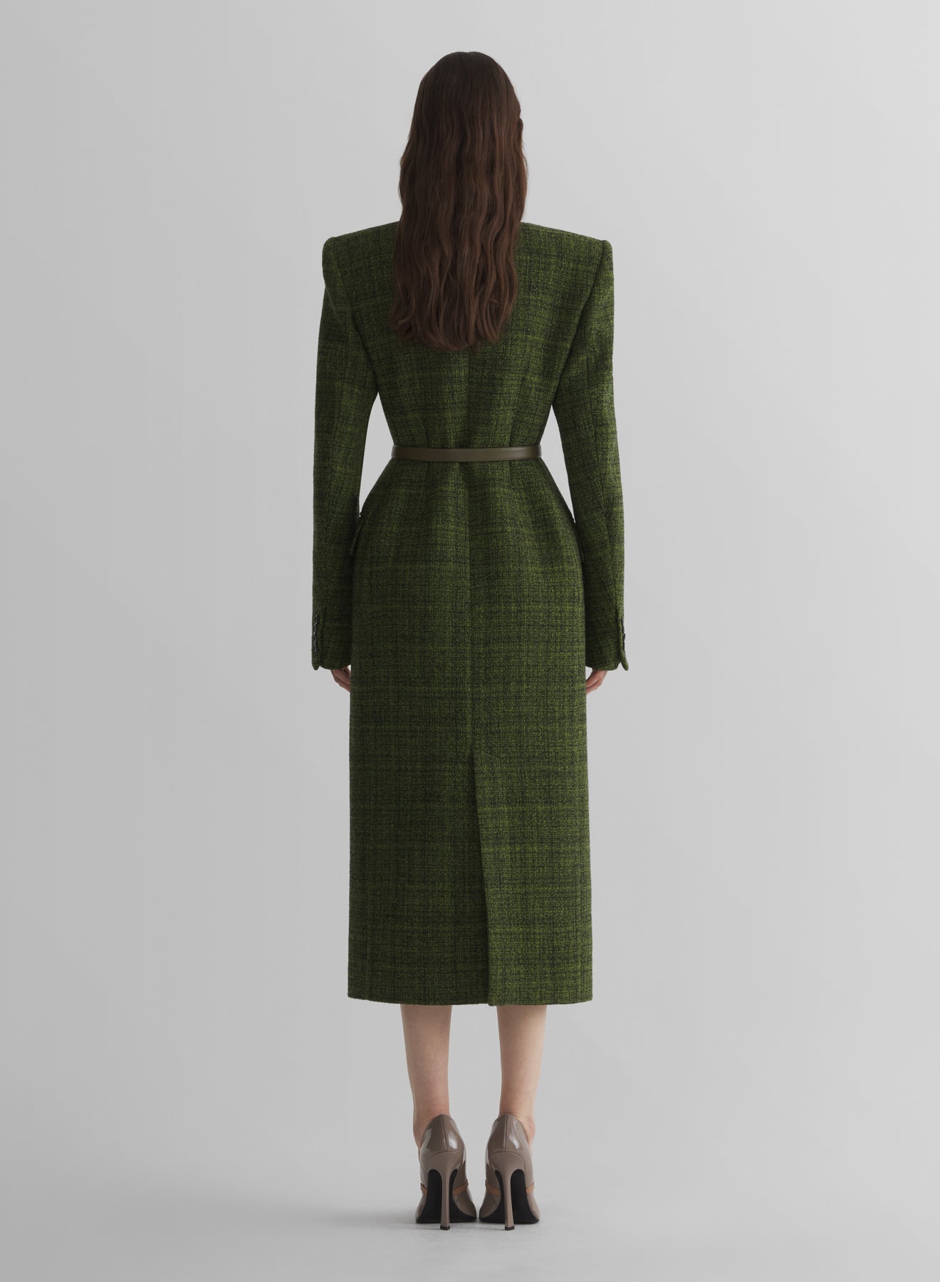 green tweed hourglass coat