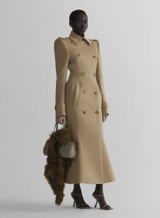beige hourglass trench coat