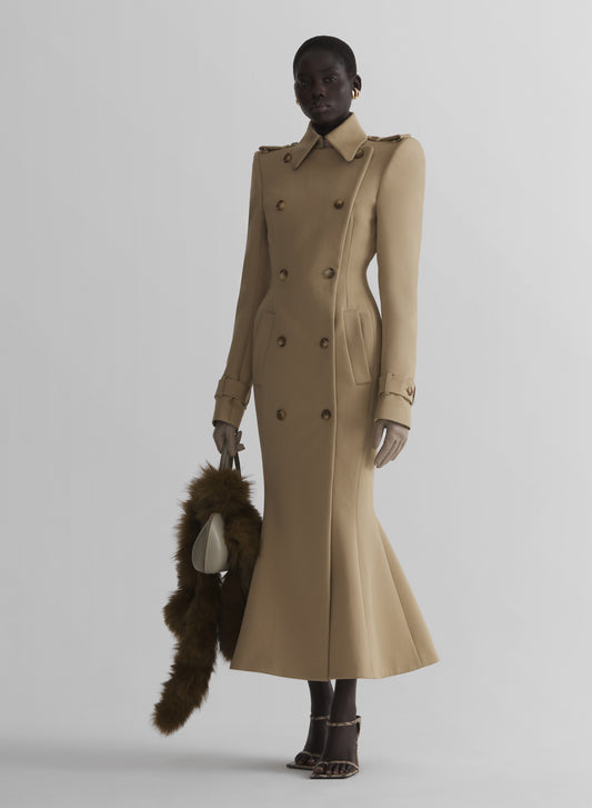 beige hourglass trench coat