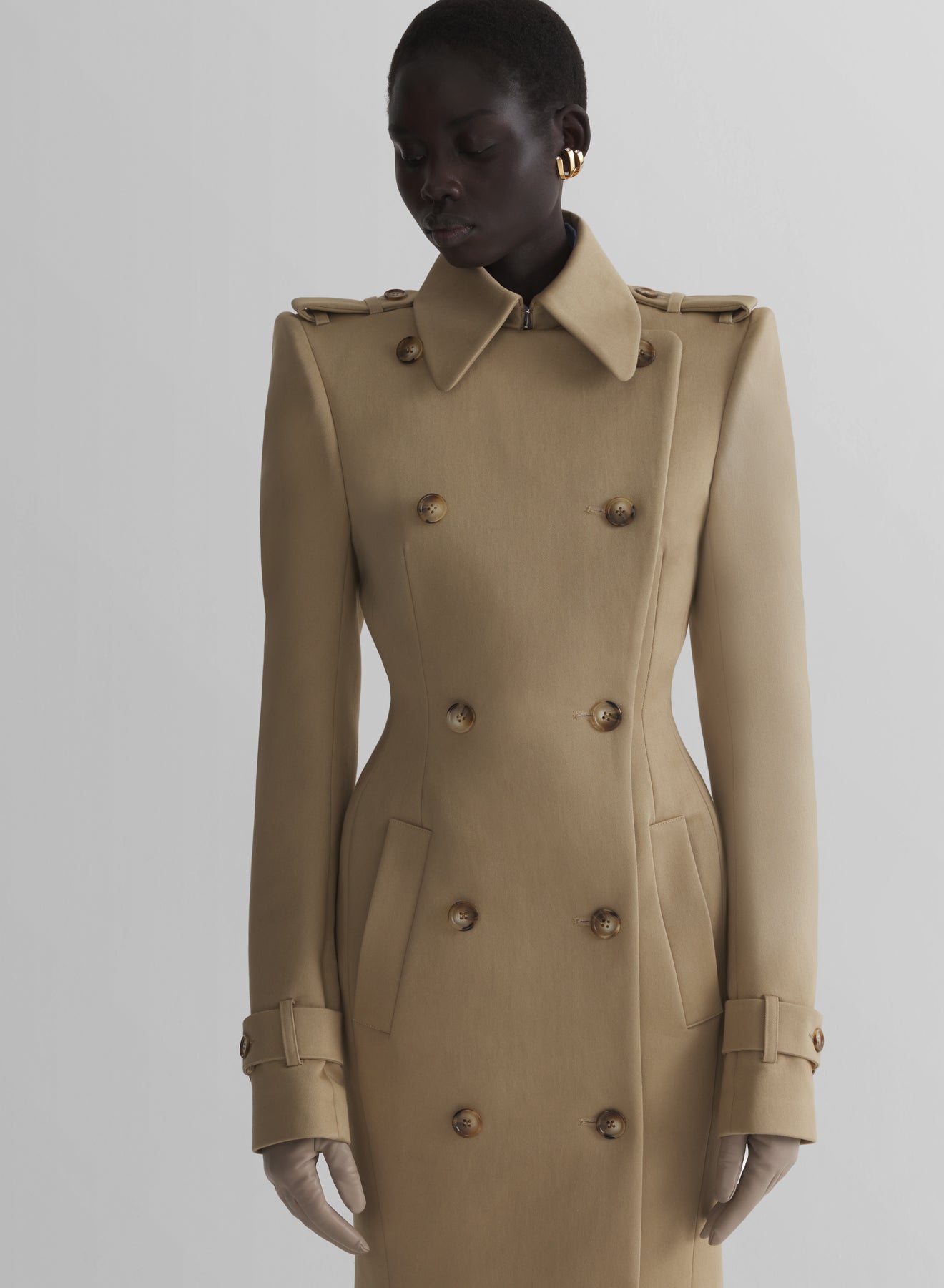 beige hourglass trench coat