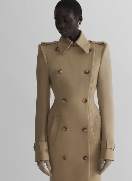 beige hourglass trench coat