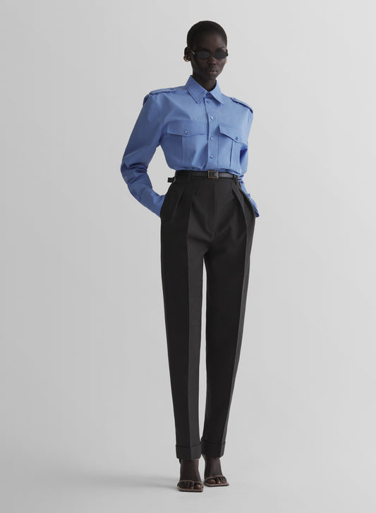 smocked blue military shirt