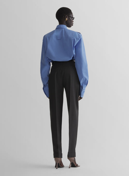 smocked blue military shirt