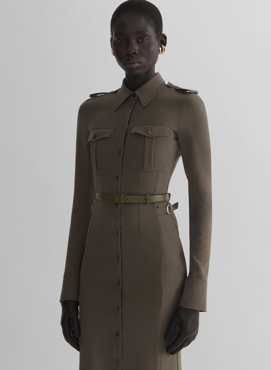 h&m olive green shirt dress Zoe Khaki Cotton Shirtdress with Pockets | Sophie Thallet cut hem with a small slit at each side Women's Cream/green patterned Viscose Shirt