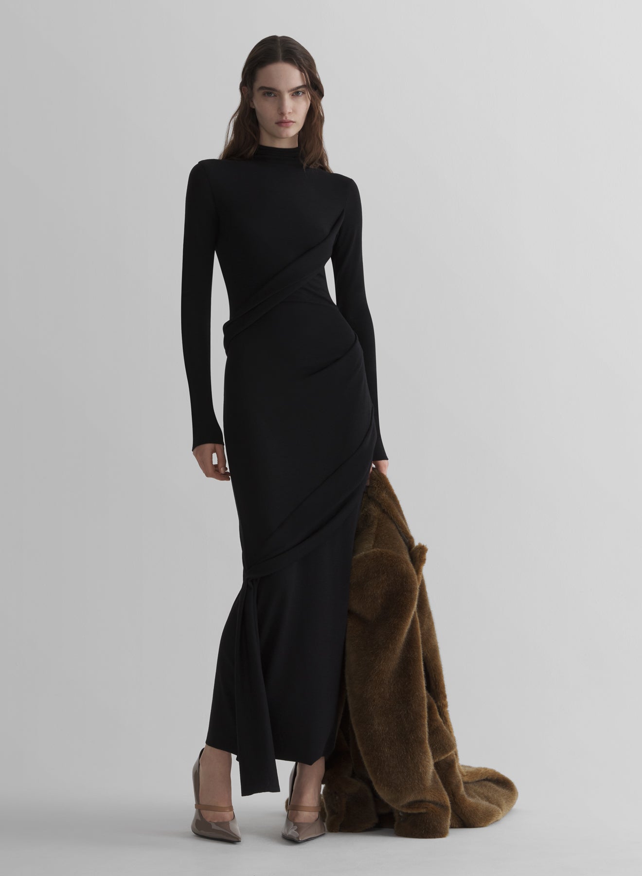 black draped turtleneck dress