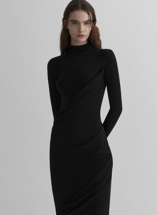 black draped turtleneck dress