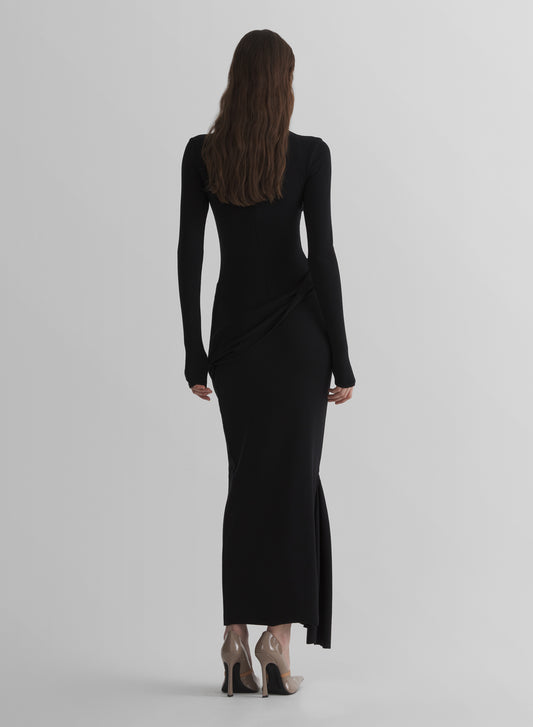 black draped turtleneck dress