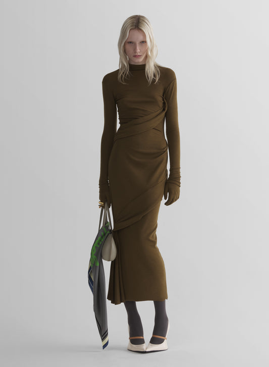 military green draped turtleneck dress