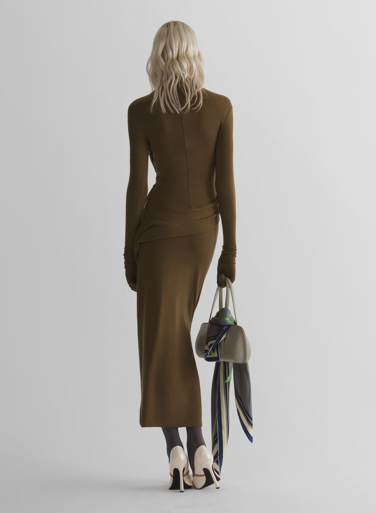 military green draped turtleneck dress