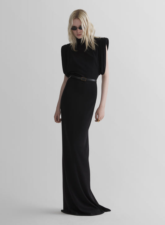 black draped sleeveless gown